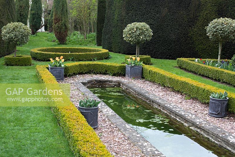The formal pond edged with box hedging and holly standards at The Dower House
