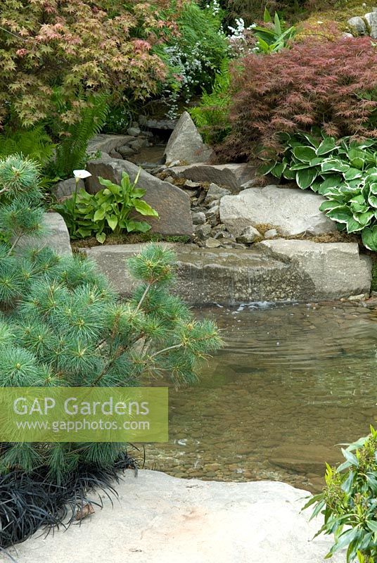 Water flowing over rocks into pool with Japanese influenced planting on either side to provide a calm atmosphere - 'There's a place in the woodland...where East meets West' Show Garden, Gold Award, Malvern Spring Show 2013