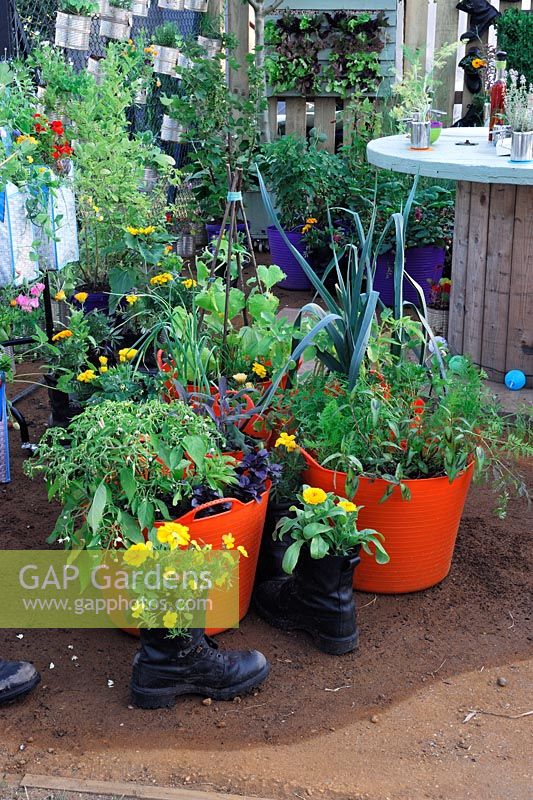 Planting in large colourful plastic tubs. A moveable feast, RHS Hampton Court Flower show 2013, Design -  Kate turner