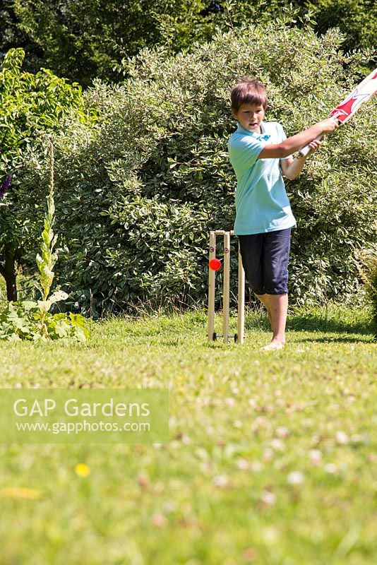 Children playing cricket in the garden