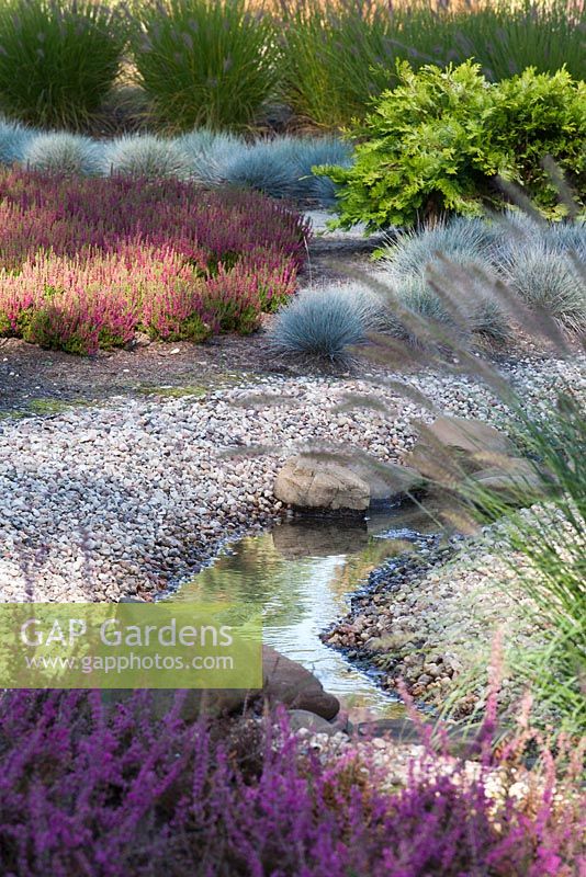 Stream surrounded by gravel and heather