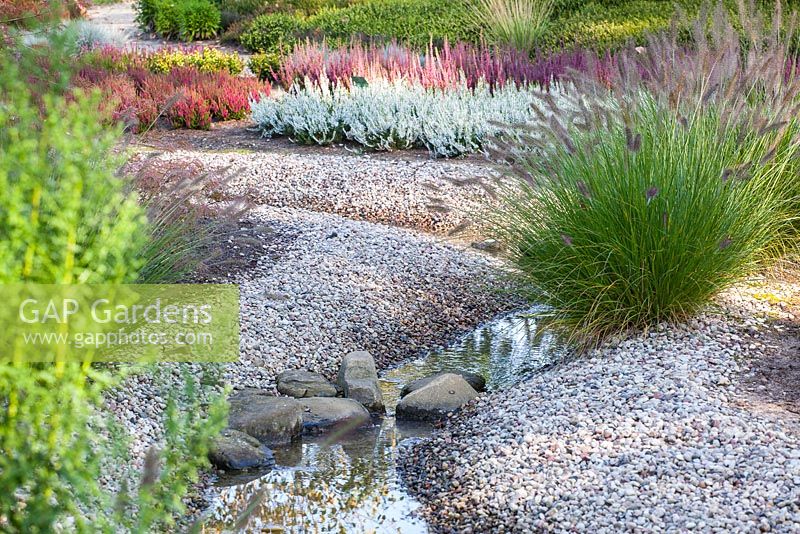 Stream surrounded by gravel and heather
