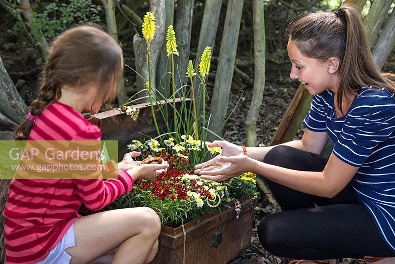 Step by Step - Creating a Treasure Chest container of Coreopsis 'Limerock Ruby', Coreopsis 'Pumpkin Pie', Argyranthemum 'Crested Yellow', Kniphofia 'Lemon Popsicle', Chrysanthemum and Ornamental Pepper. Young girls discovering chest of flowers with jewellery.