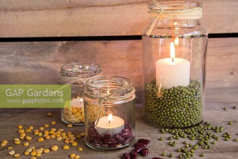 Decorative display of candles using Mung beans, Kidney beans and Split peas