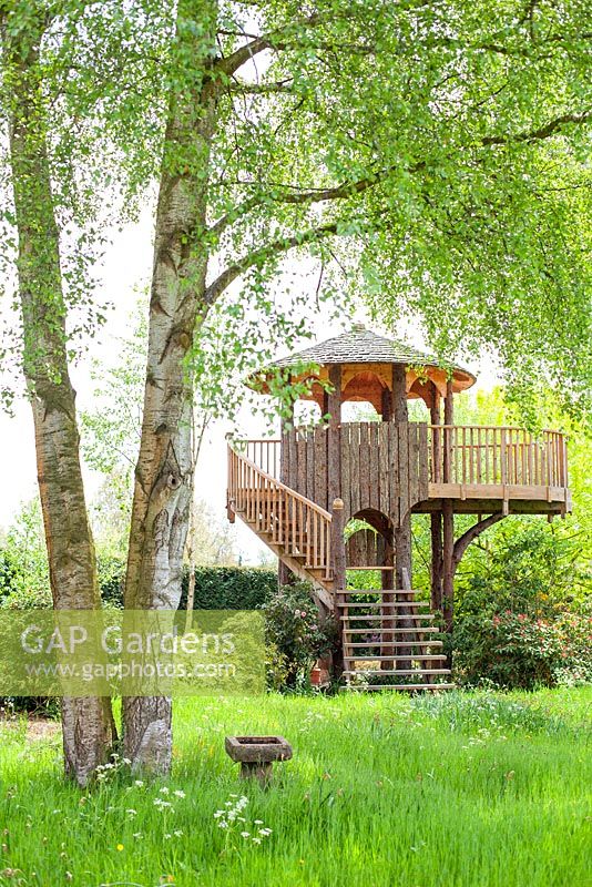 Tree House made from Larch at Foggy Bottom, The Bressingham Gardens, Norfolk, UK