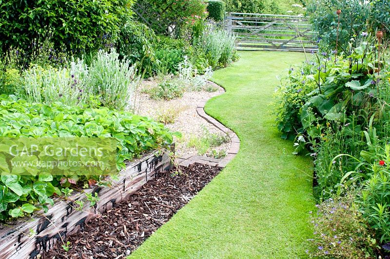 Curving lawn leading to gate by herbaceous border, raised vegetable bed with strawberry plants and graveled area in cottage garden