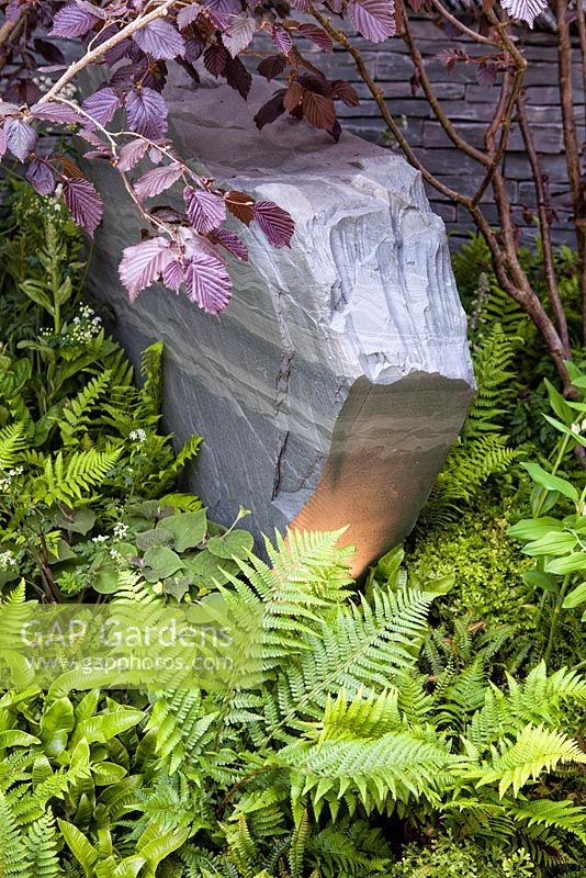 Stockton Drilling as Nature Intended Garden, Silver gilt medal winner, Chelsea Flower Show 2013. Woodland planting and stone sculpture with ferns
