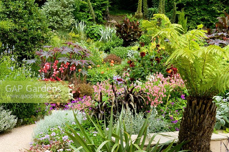 Beautifully composed informal double border of exotic tropical late summer bulbs and perennials 