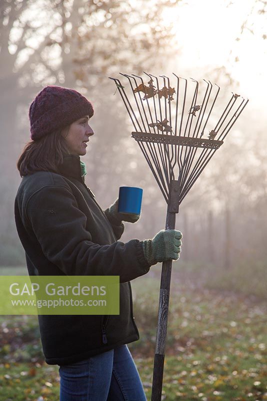 Woman holding rake and tea with view of morning sun