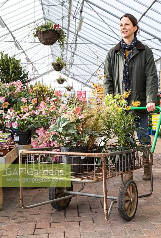 Woman pushing a trolley full of plants in a garden nursery