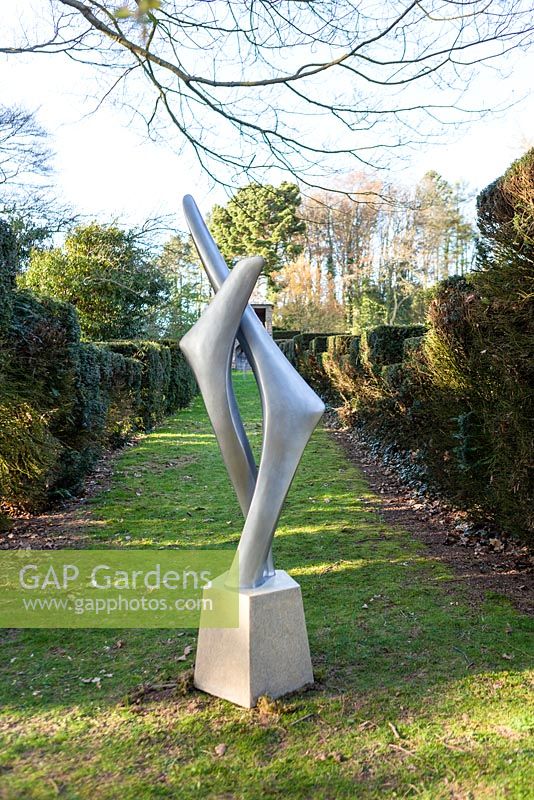 'Brief Encounter' by Donald Foxley - Wyndcliffe Court Sculpture Garden, St Arvans, Monmouthshire, UK. May. The garden was designed by H. Avray Tipping and is an excellent example of the Arts and Crafts style. The garden opens to the public.
