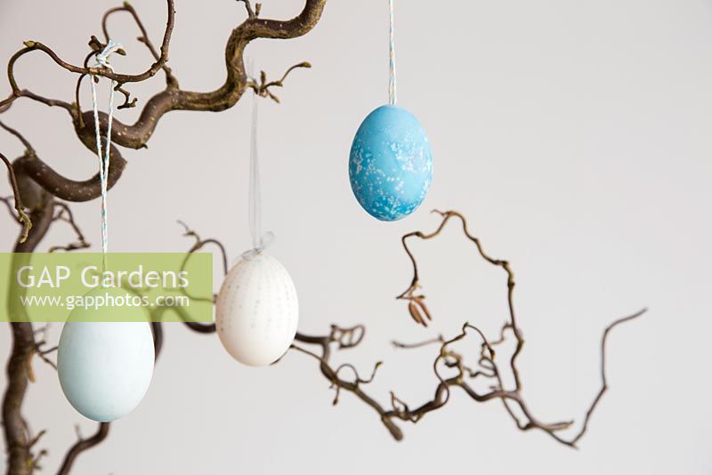 Easter display of decorated blown duck eggs