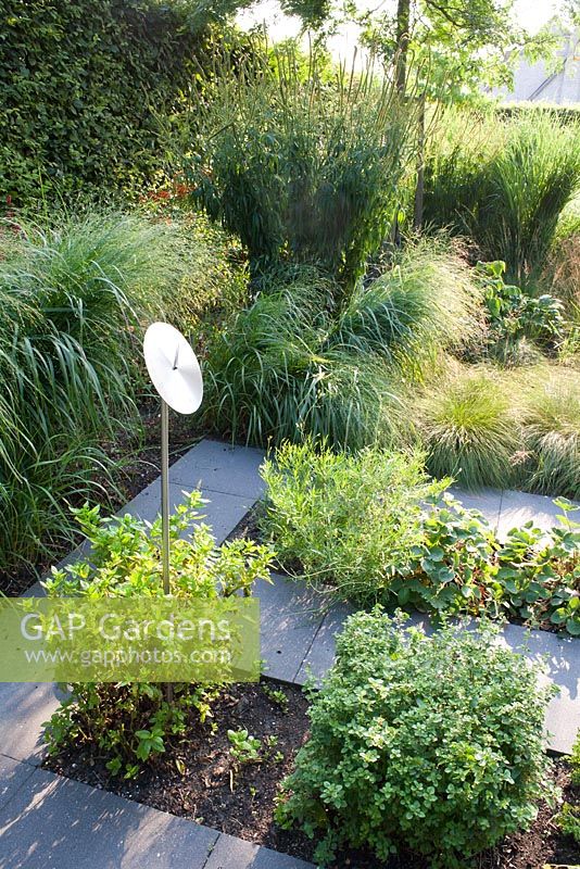 Contemporary designed herb garden with sundial.