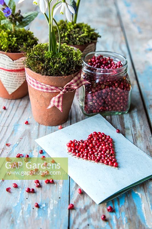 Various valentine gifts and a card decorated with Red Peppercorns