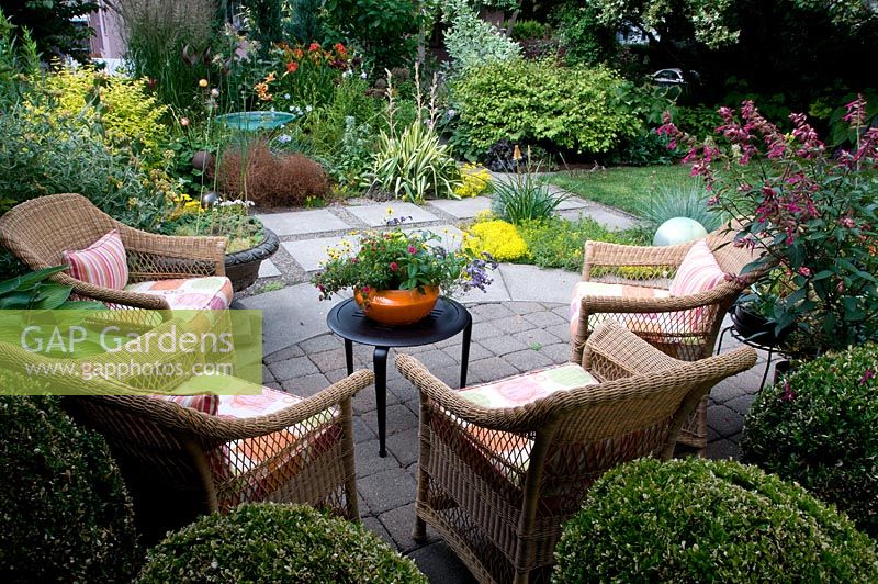 Outdoor seating area with view to garden. 