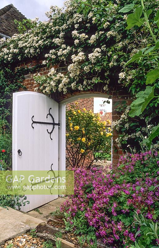 Door in walled garden with roses and geraniums. Madingley Hall, Cambridge