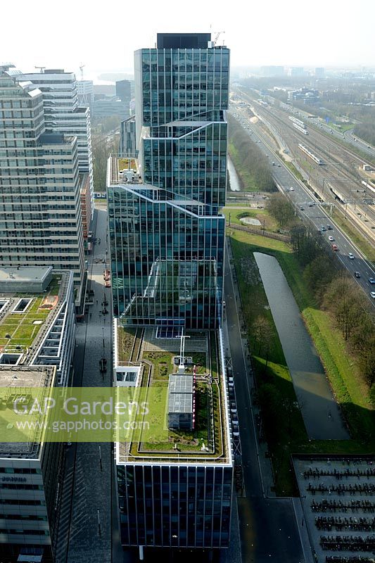 Opentorendag Amsterdam Open Tower Day Amsterdam NL 29th March 2014During the Opentorendag 18 skyscrapers and towers open their doors to the public to allow them a unique view of the city. View from the top of the ABN AMRO headquarters in the Zuidas business district. Green roofs on the Viñoly building overlooking the A10 ringroad. Photo: Richard Wareham
