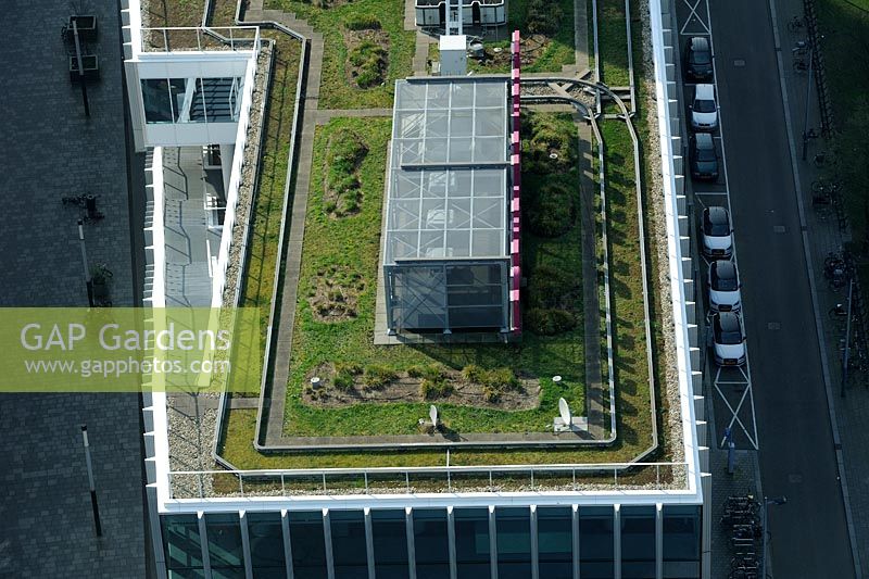 Opentorendag Amsterdam Open Tower Day Amsterdam NL 29th March 2014. Skyscrapers and towers open their doors to the public to allow them a unique view of the city. View from the top of the ABN AMRO headquarters in the Zuidas business district. Green roofs on the Viñoly building overlooking the A10 ringroad. 