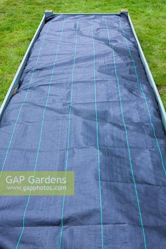 Low maintenance strawberry bed - seep hose in a raised bed covered with a sheet of woven weed suppressing membrane