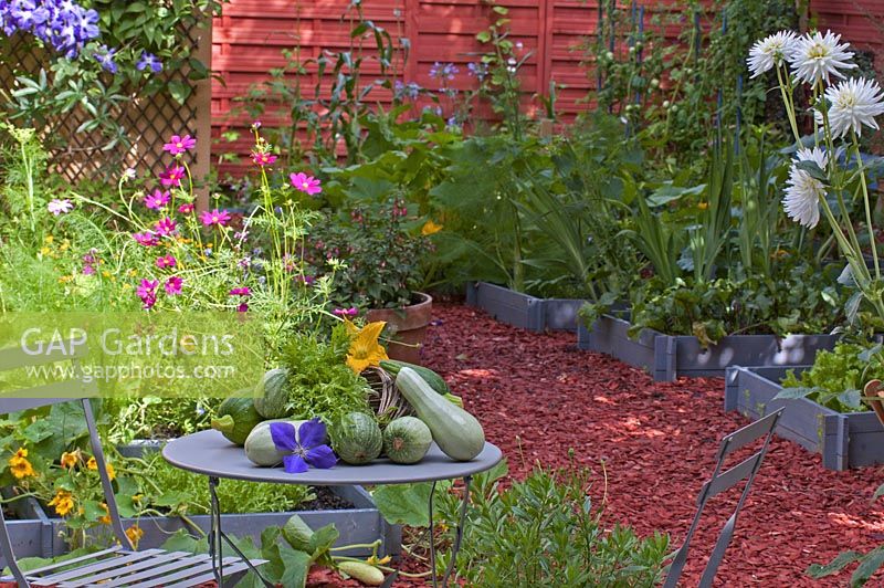 Flower and vegetable garden with courgettes on table