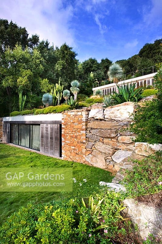 Pool house with lawn and succulents growing on the roof. Designer: Jean-Laurent Felizia, France