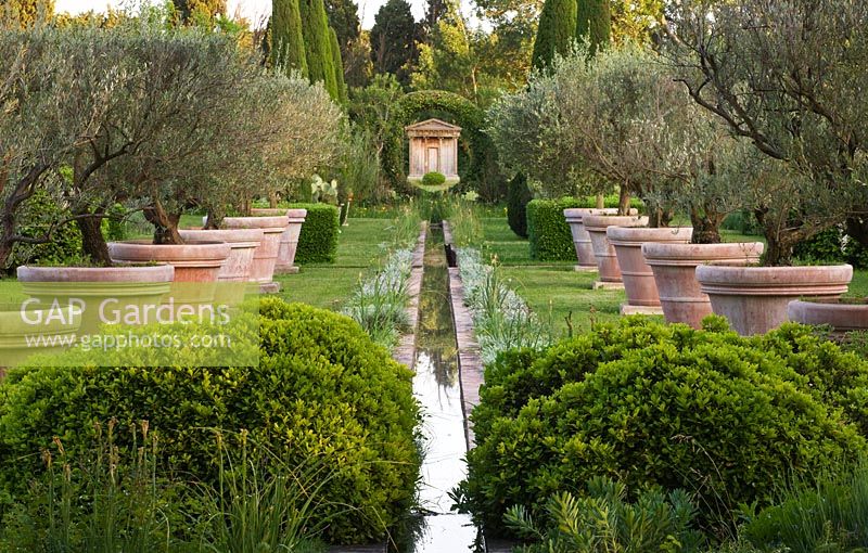 View down a water rill surrounded by terracotta containers planted with olive trees 