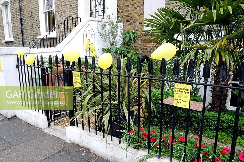 Yellow balloons and posters on the railing of a front garden advertising London Fields Gardens Open, a group opening under the National Garden Scheme NGS, London Brough of Hackney.