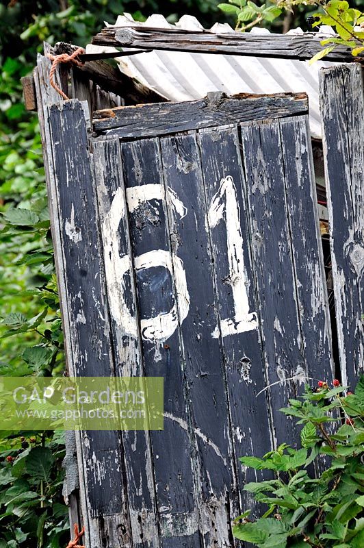 Number 61 painted on black door of crocked, distressed or run down allotment hut or shed, Golf Course Allotments, London Borough of Haringey.
