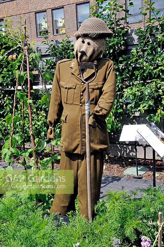 Wartime scarecrow of British soldier with helmet and hoe on a Dig for Victory themed allotment plot designed by one of the students at Kew Gardens. 