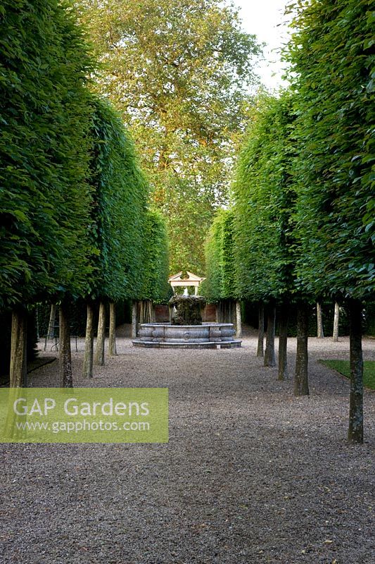 French-style allee of pleached Lime leading through axis of garden with central ornate water feature and gate at the far end -  Seend, Wiltshire