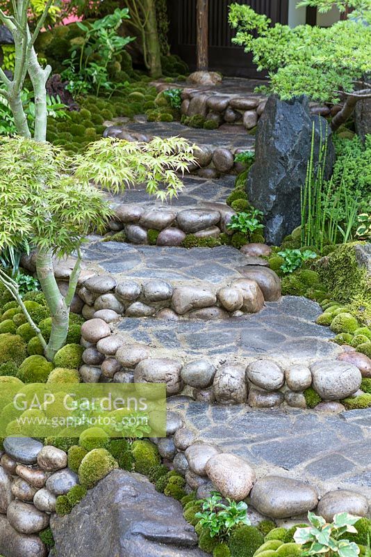 Path through shady Japanese themed garden - Togenkyo - A Paradise on Earth - Designer Kazuyuki Ishihara - RHS Chelsea Flower Show 2014