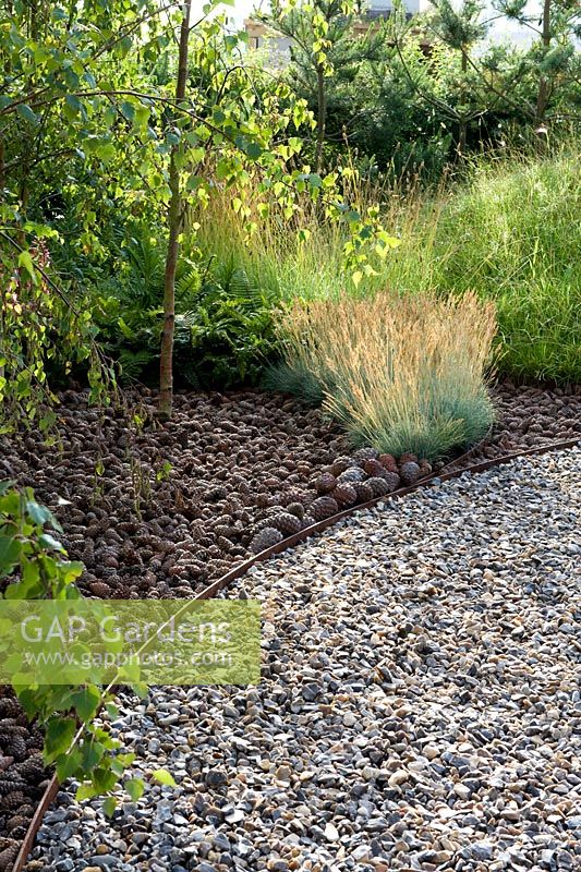 The Flintknappers garden - A story of Thetford. Breckland agricultural landscape planting with birch and gravel of pine cones and meadow grass. Designer: Luke Heydon Sponsor: Thetford business community Silver-gilt award  