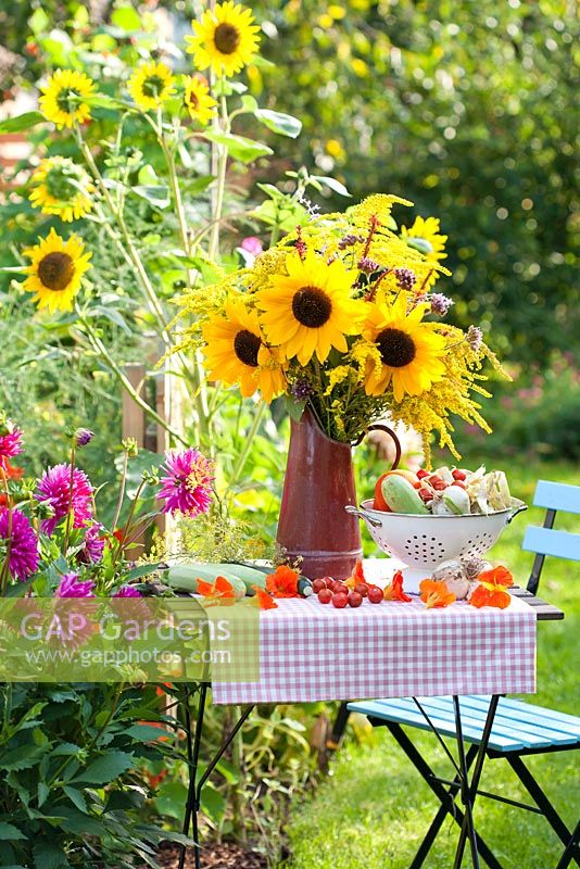 Bouquet of sunflowers and perennials Persicaria, Verbena bonariensis and Solidago in enamel jug with harvested vegetables in summer garden. Border of dahlias.