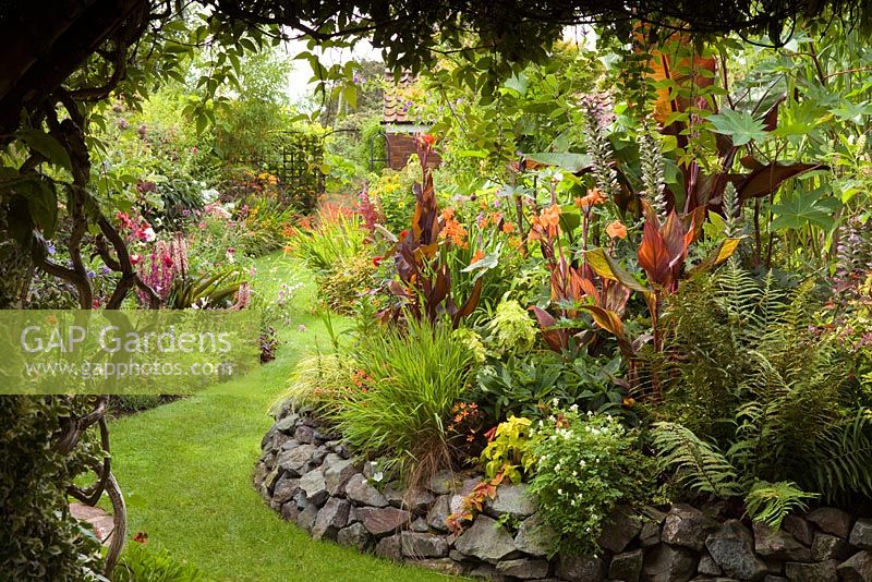 View through the Shady Pergola to The Island - a raised bed with an exotic theme. Plants include Ricinus, Cannas, Musa basjoo and Ensete ventricosum 'Maurelii'. Lincolnshire. August 2014. Summer.