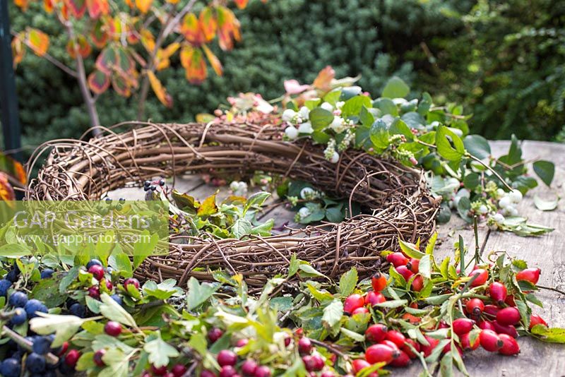 Ingredients for wreath include Snowberry, Spindle, Dogwood, Rose hip, Hawthorn and Sloe.