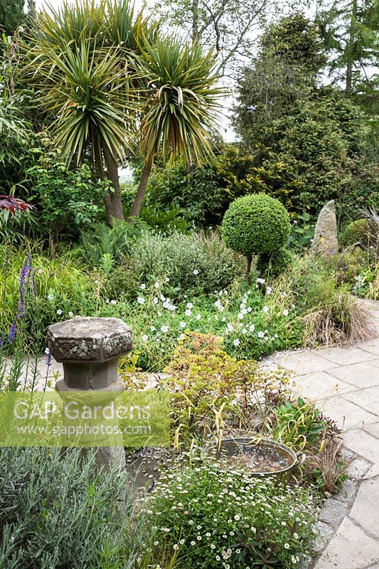 A courtyard garden largely planted with for foliage features clipped box, grasses, euphorbias, corokia, cordylines and bamboos around standing stones, architectural fragments and old galvanised tubs used as ponds, planters or mini water gardens.