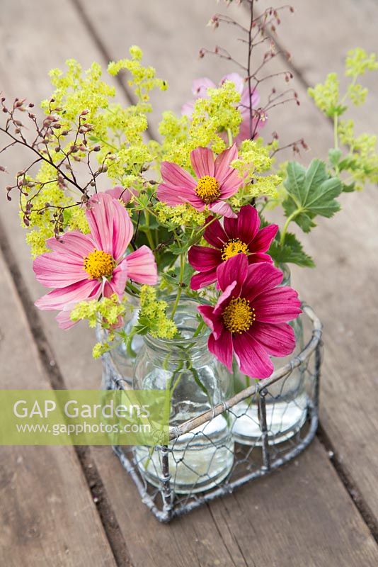 Floral display of cosmos, alchemilla mollis and heuchera flowers in small glass jars