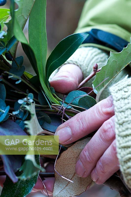 Attaching a spring of foliage to the twig frame of the wreath.