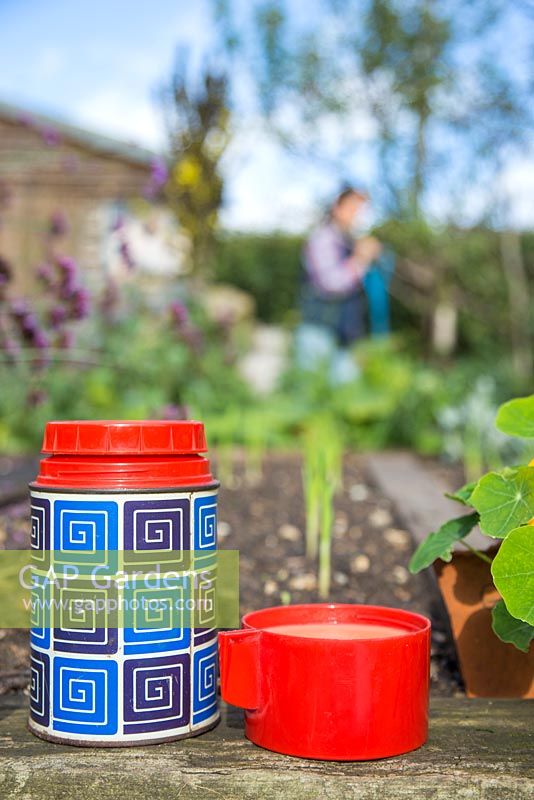 Thermos flask and a cup of tea, with a view of a raised bed with woman working in the background