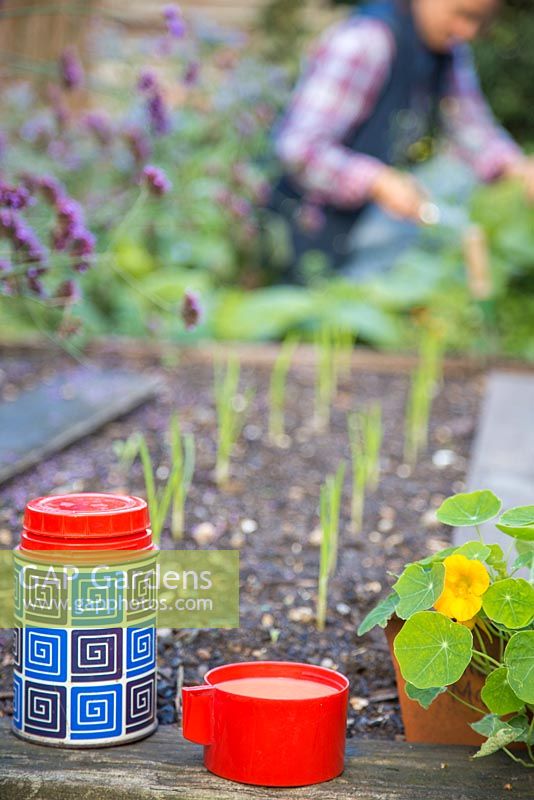 Thermos flask and a cup of tea, with a view of a raised bed with woman working in the background