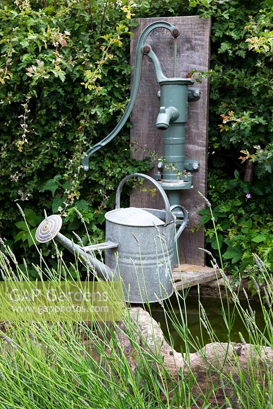 Cast iron water pump mounted on oak plinth in hawthorn hedge above a stone trough with antique watering can.