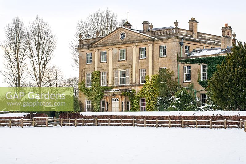 Highgrove House and Garden in snow, January 2013. The house was built in a Georgian neo-classical design between 1796 and 1798.