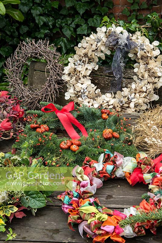 Display of Christmas wreaths 