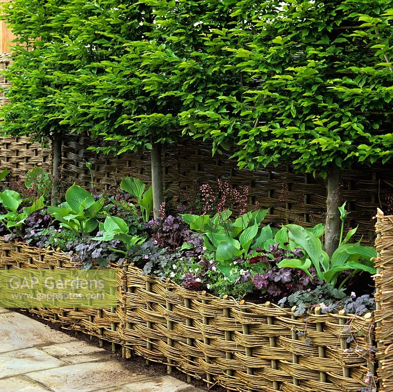 Woven willow panels create privacy and a pleasing background as well as a raised bed filled with small trees, hostas, hardy geranium and heuchera.