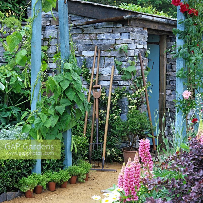 Adjacent to kitchen garden, an old stone garden shed, terracotta pots, rake, fork and hoe.