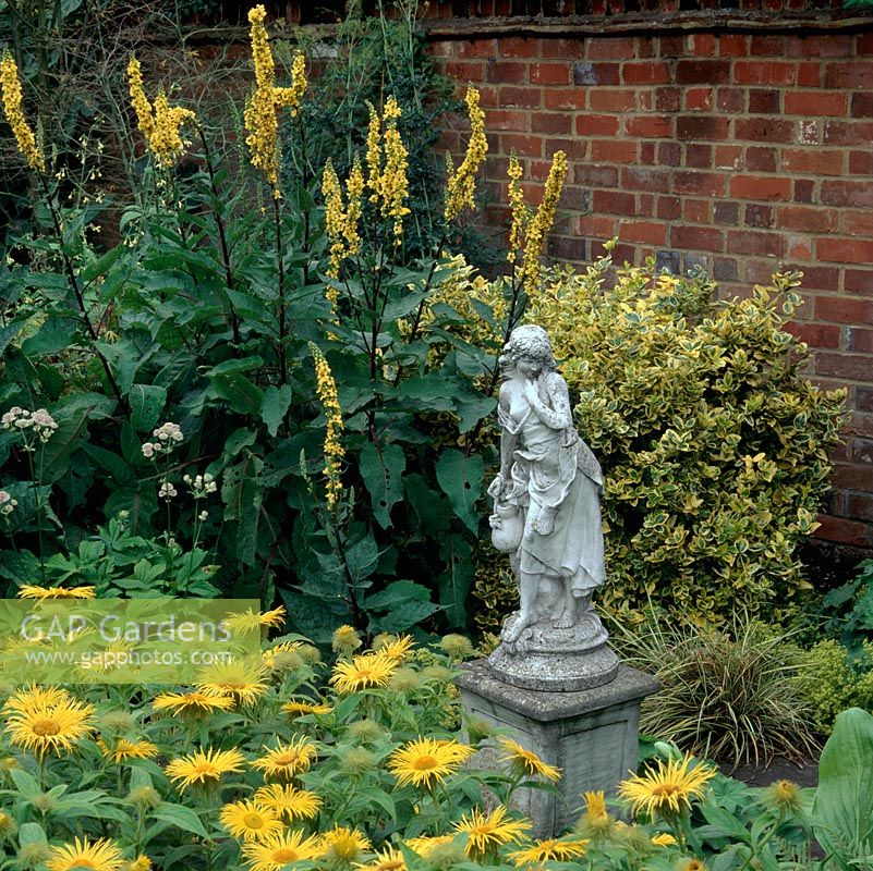 Stone statue stands in gold-themed courtyard, with plantings of verbascum spires, euonymus and daisy-like Inula hookeri.