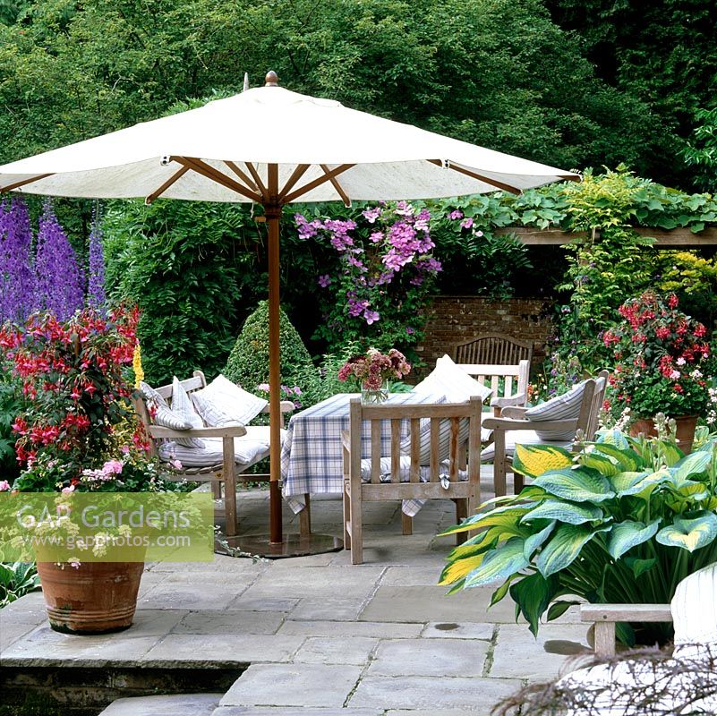 Stone terrace with pots of box, fuchsia, geranium, hosta, acer. Edged in beds of delphinium, campanula and hosta. Parasol shades wooden dining table, chairs and cushions.
