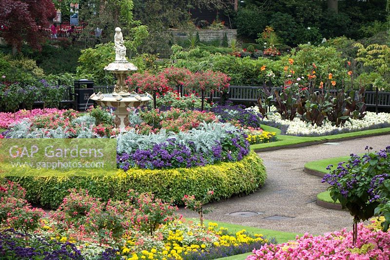Colouful flowerbeds in public park. The Dingle, Quarry Garden, Shrewsbury