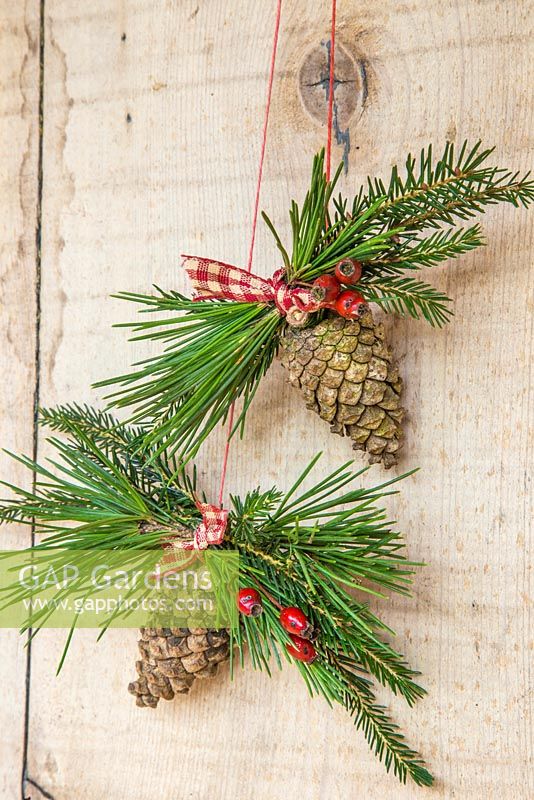 Hanging decoration of pine cones, pine foliage and hawthorn - crataegus berries
