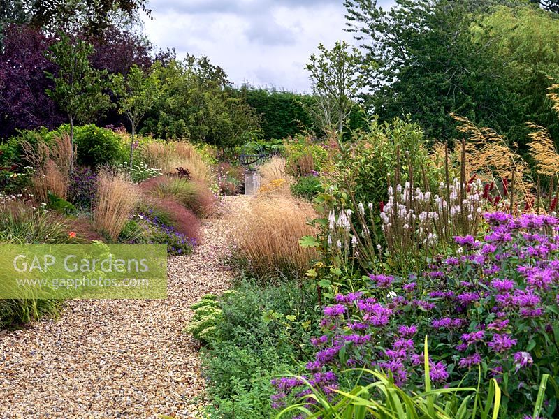 A gravel path lined by double mixed borders planted with perennials and grasses. Planting includes Veronicastrum, Achillea, Sedum, Eupatorium, Monarda, Guara and Geranium with Stipa and Calamagrostis grasses.